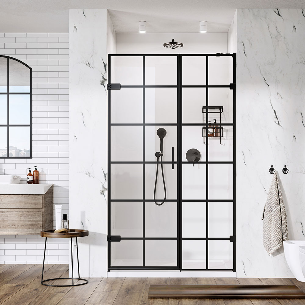 Liberty Black Grid Hinged Door with Inline Panel for Alcove Fitting
